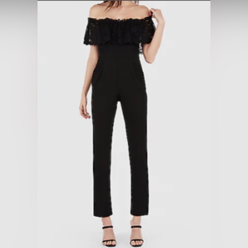 EXPRESS BLACK OFF THE SHOULDER LACE BODICE JUMPSUIT Size 0 NWT